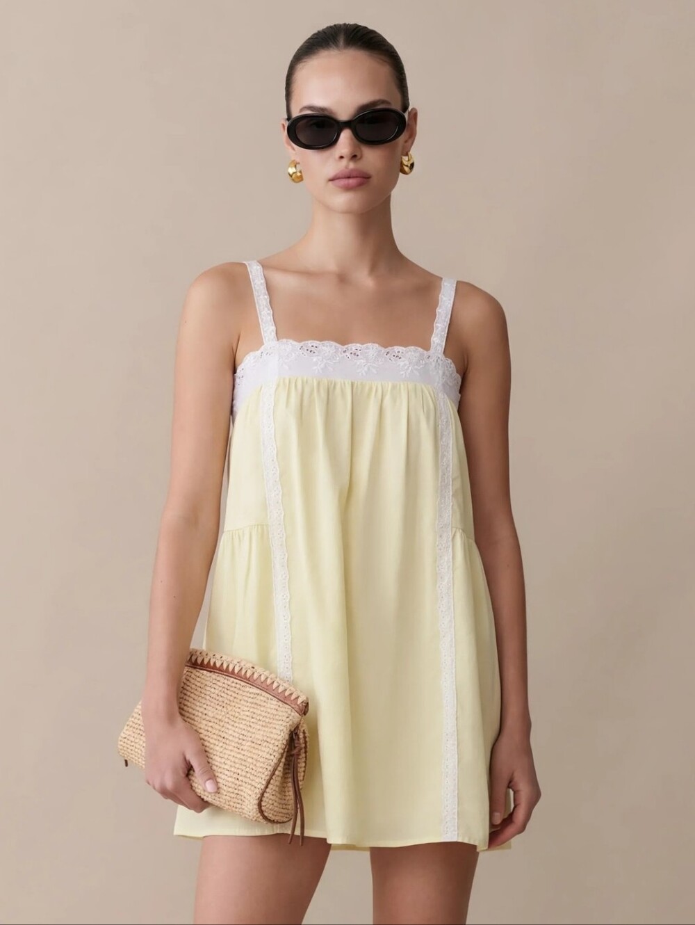NWT Few Moda Florence Cotton Babydoll Mini Dress Butter Yellow Lace M Kourt